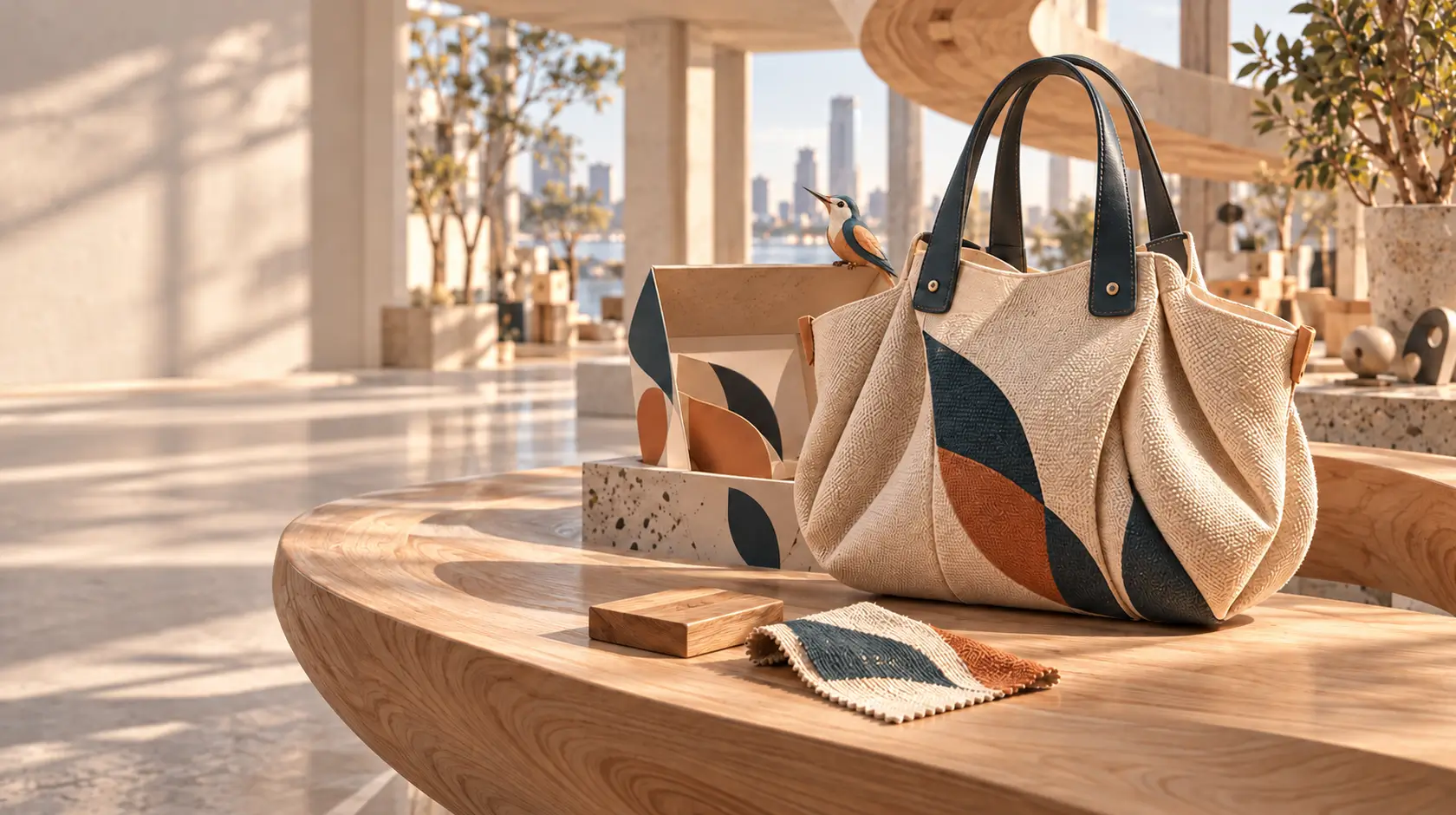 A woven brand carryall, geometric packaging and carved wooden bird in a sunlit studio.