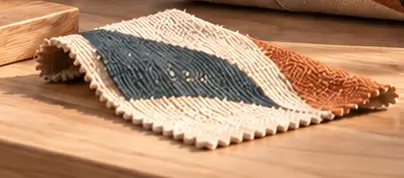 Cream, navy and terracotta woven textile sample.