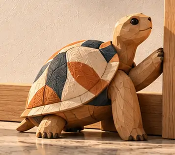 A decorative carved tortoise with a patterned shell.