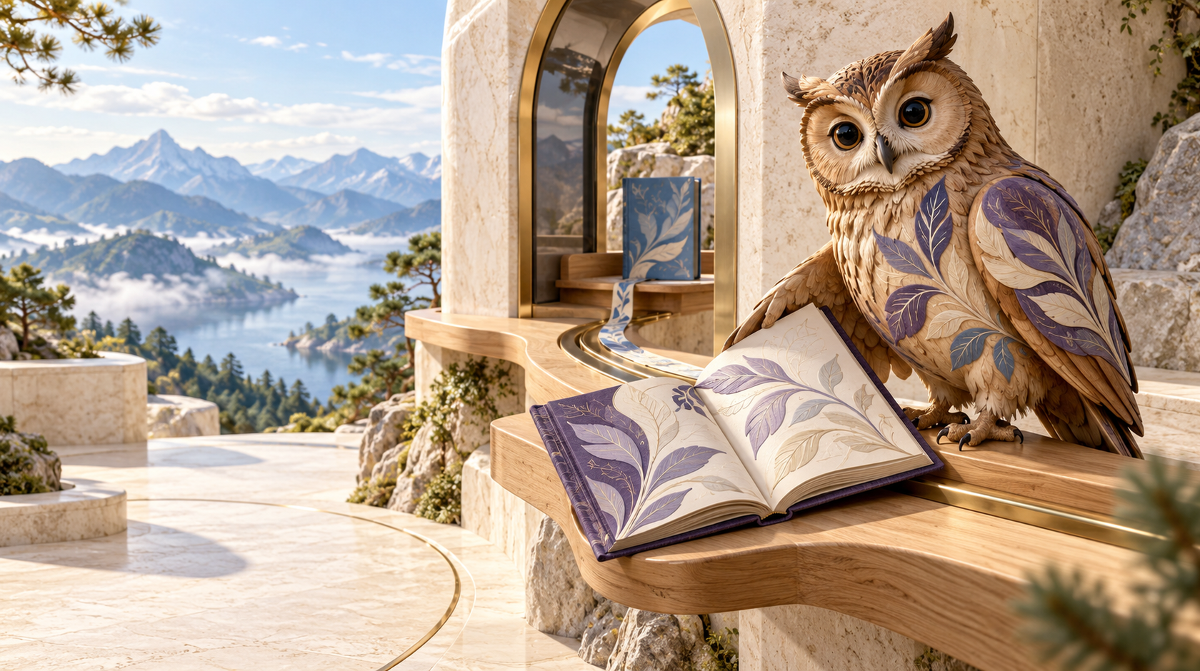 An open folio and a carved owl beside a controlled connection between two work surfaces